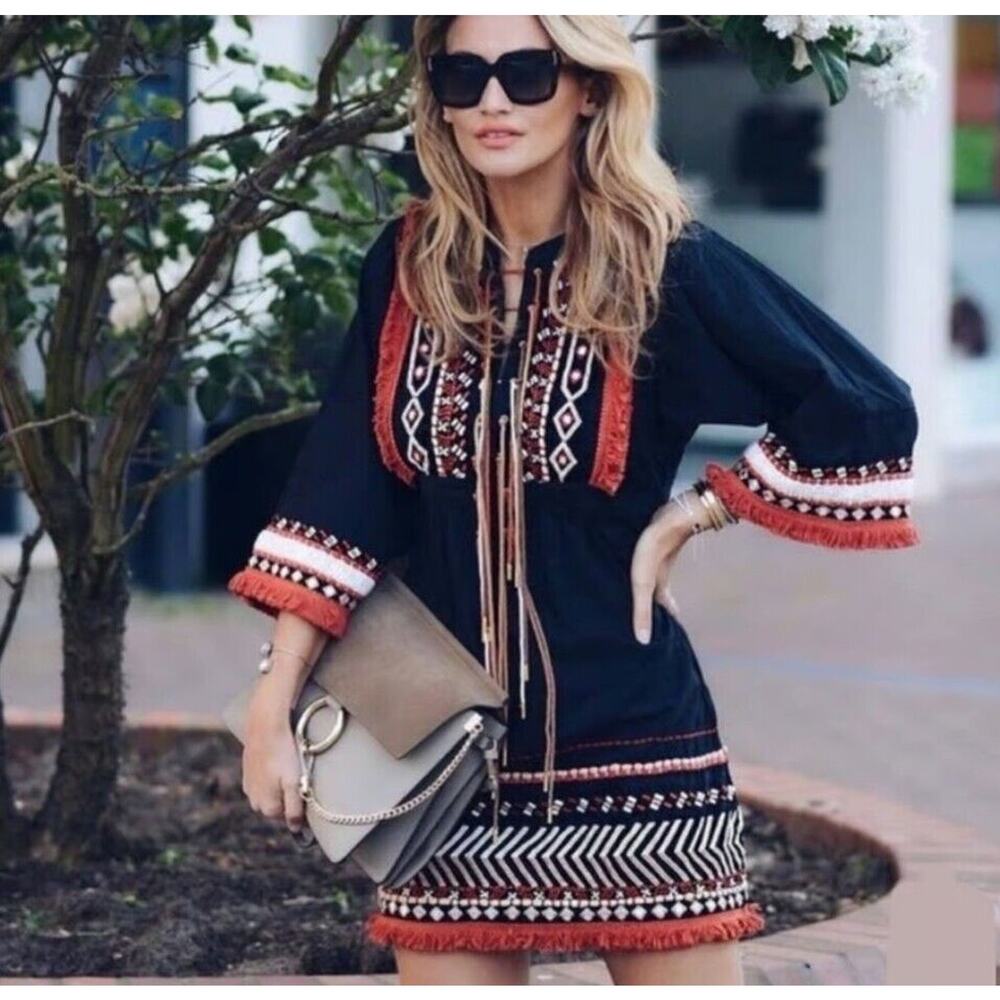 Rachel Zoe Bianca Mini Embroided Tassels Ethnic Boho Dress Size 4